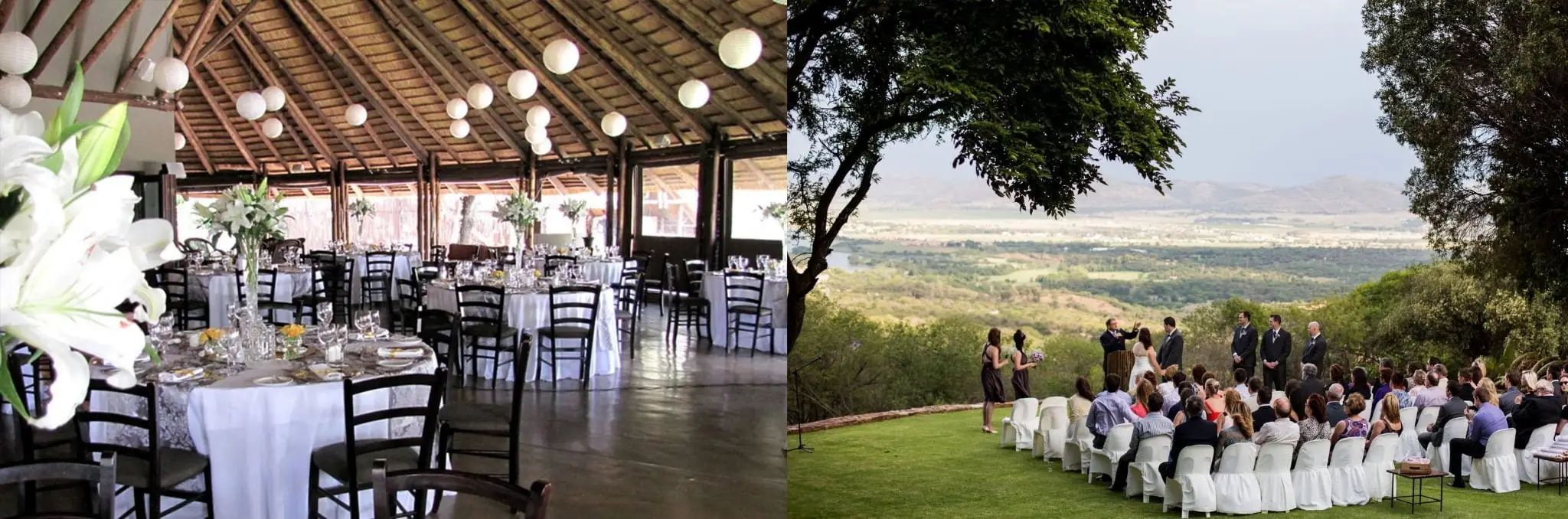 A wedding ceremony on the lawn, the reception set under the thatch, the valley beyond